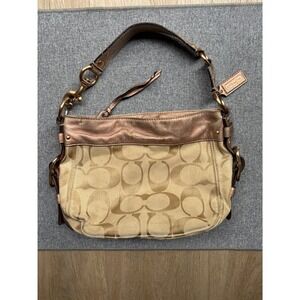 Coach Carly Signature Jacquard Hobo Bag Metallic Rose Gold Khaki Canvas 10619